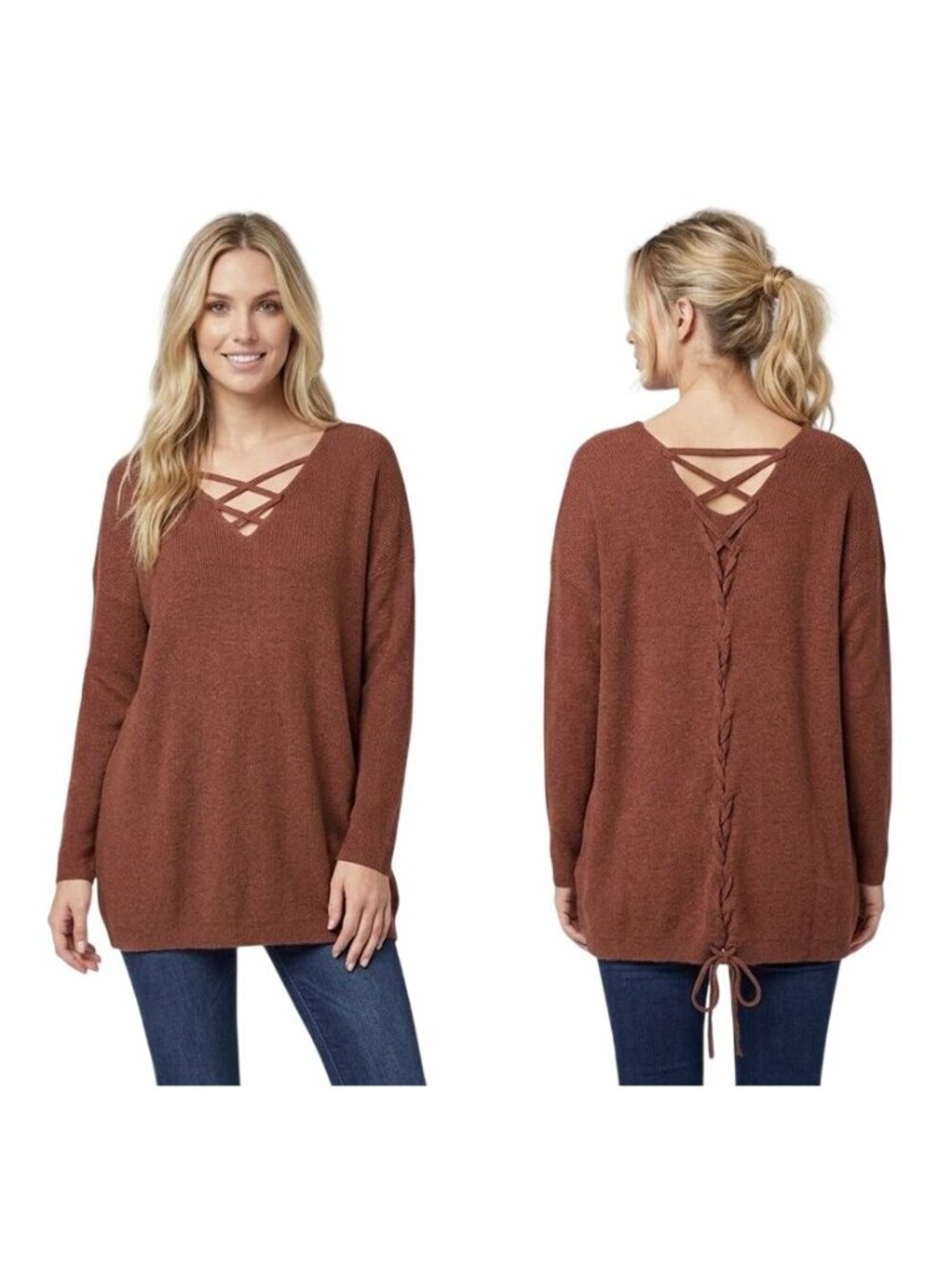 ⭐Womens Brown Knit Lace-Up Back Sweater Sz L V-Neck Long Sleeve Sexy Tunic Dress